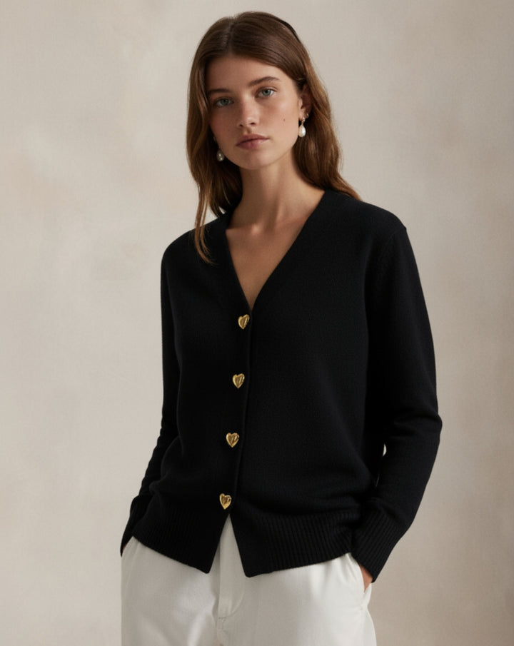VALENTINE - Cardigan Laine Boutons Cœur Dorés - MAZZARO