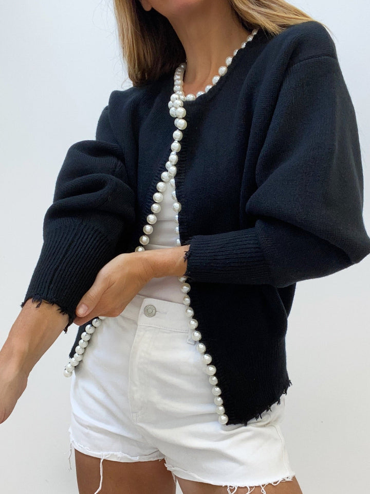 PERLA - Cardigan Écru Bordure Perles - MAZZARO