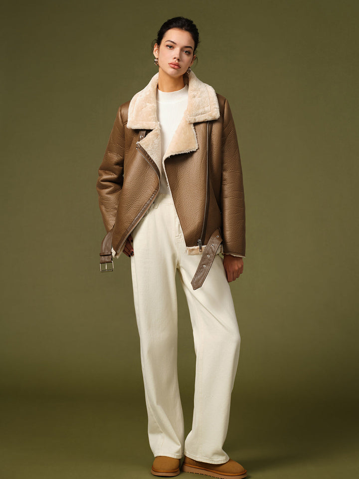 Clémence – Veste aviateur en shearling avec ceinture - MAZZARO