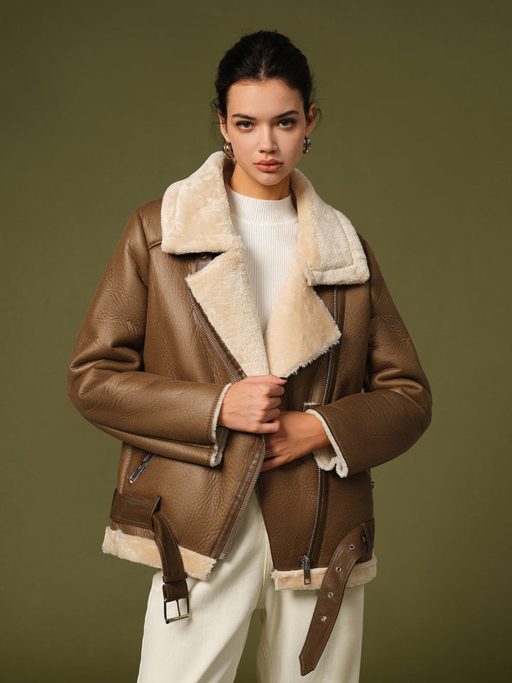 Clémence – Veste aviateur en shearling avec ceinture - MAZZARO