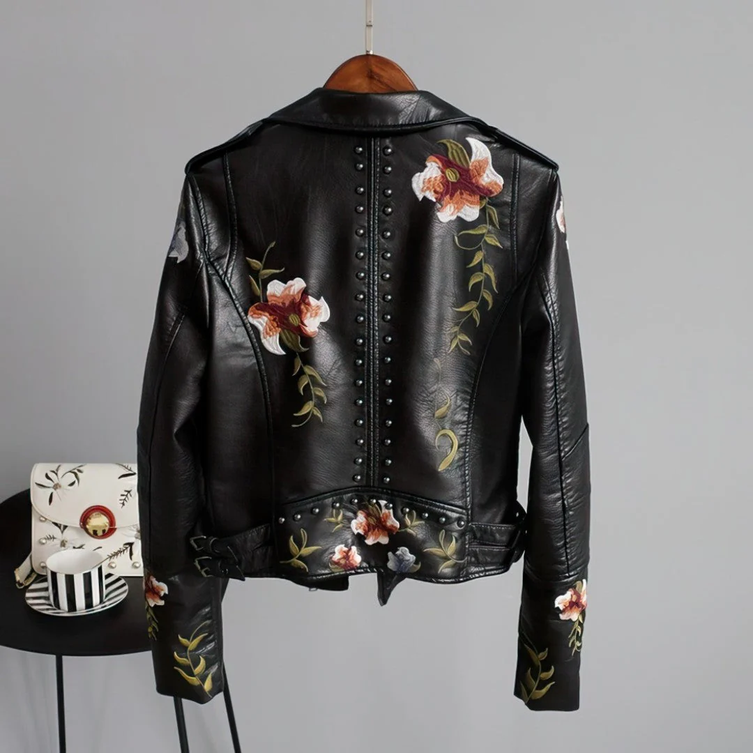 Emilia-Calou-Veste en cuir avec broderie florale rétro - MAZZARO