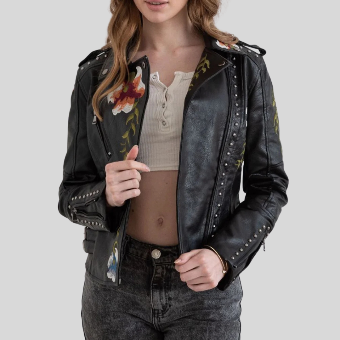 Emilia-Calou-Veste en cuir avec broderie florale rétro - MAZZARO