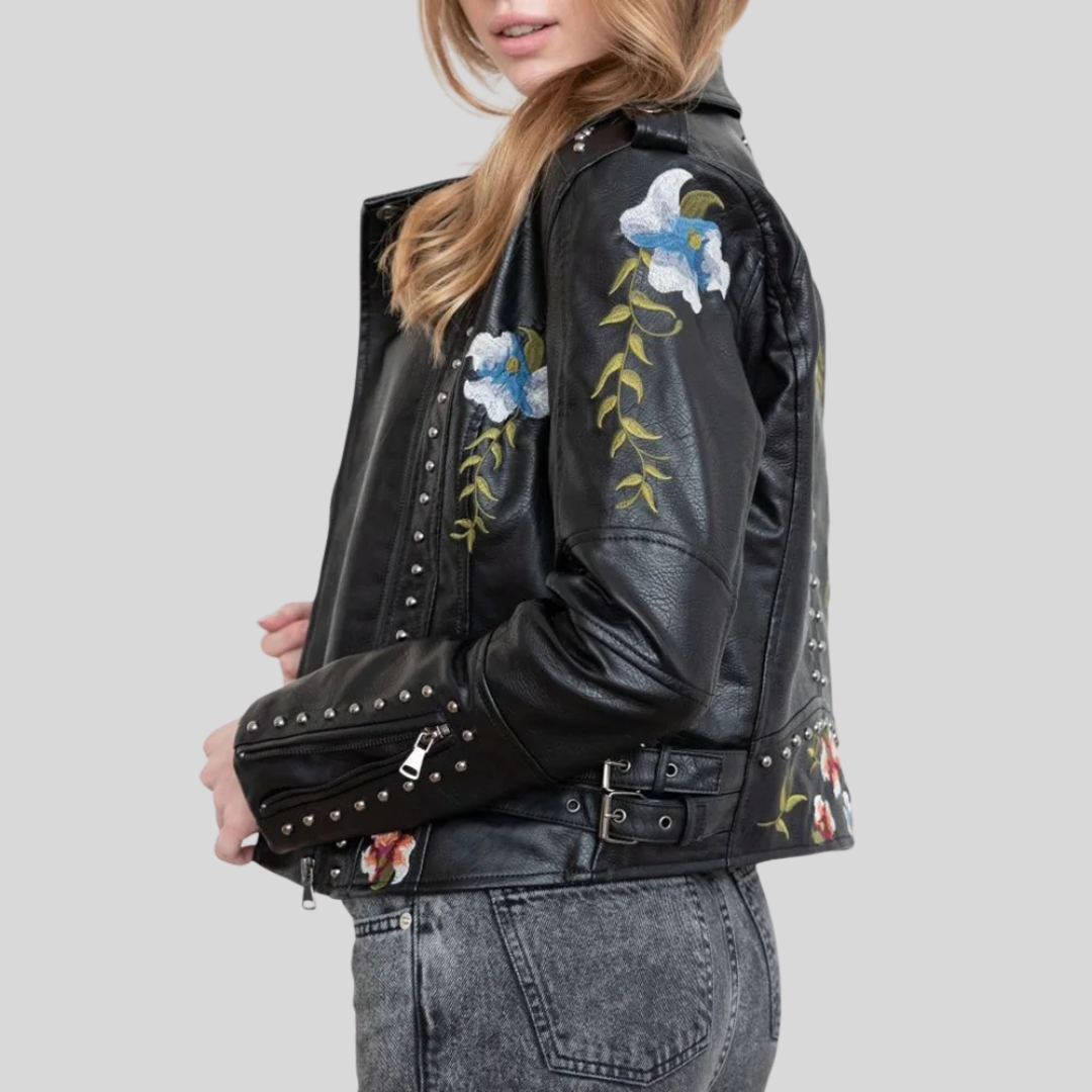 Emilia-Calou-Veste en cuir avec broderie florale rétro - MAZZARO